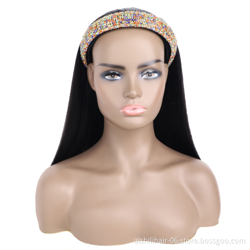 wholesale headband wig for black women diamond hair band long straight black hair synthetic headband wigs